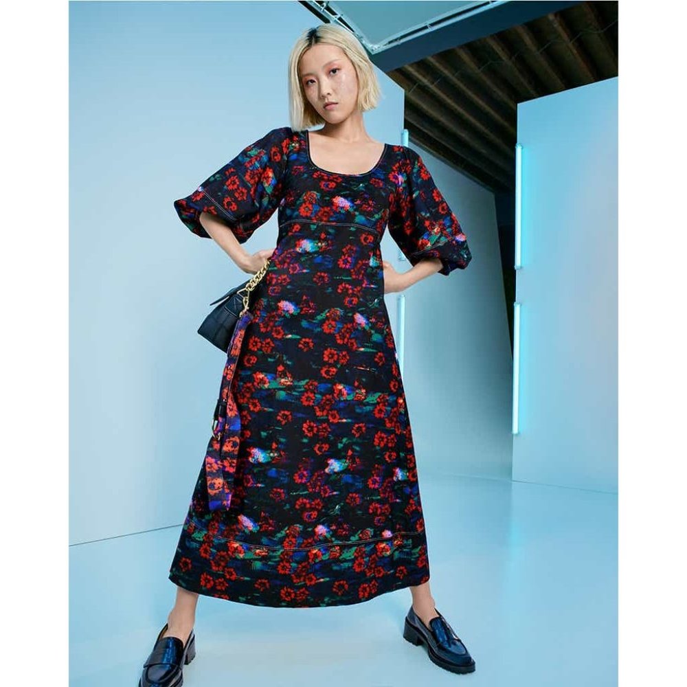 Rachel Comey Womens Dress 4 Midi Kodak Red Floral Print Volume Sleeve Target New